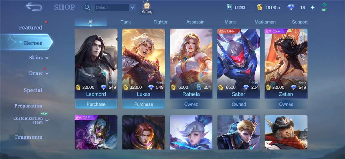 Game account sale Mobile Legends